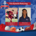 A blue graphic bordered by images of sports and balls has a microphone icon with the words The i9 Sports Show in the upper left corner and a red banner that reads, This episode featuring: Below that are a photo of a woman playing soccer and a headshot of a woman. They are Faustine Perrin, OL Reign, Team Administrator, and Alisha Grant, i9 Sports Franchise Owner - NC, respectively.