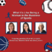A graphic on a red field features drawings of a soccer ball, basketball, football and baseball. At the top are the words: What It’s Like Being a Woman in the Business of Sports. A picture of three women is in the center. Beneath are the words: Featuring panelists from left to right: Karen Gray, Danielle Smith and Becky Avers.