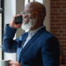 Man stands at a window while talking on his phone and holding a cup of coffee.